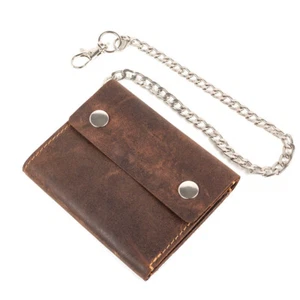 Mens Leather Biker wallet Trifold motorcycle safetychain genuine Brown chain new - Picture 1 of 10