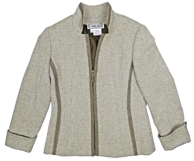 CARLISLE 羊毛丝绸女式拉链粗花呢西装外套口袋棕色夹克 6 码 — 第 1/4 张图片