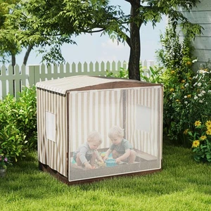 Qaba Kids Wooden Sandbox with Canopy Fully Covered, 56" x 40" x 52", Brown - Picture 1 of 11