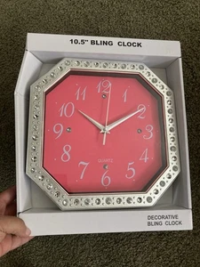 NEW in BOX Decorative Neon Pink & Silver with Faux Diamonds Analog 10.5 in Clock - Picture 1 of 3
