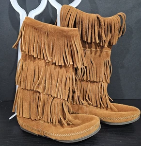 Minnetonka 1632 3-LAYER FRINGE Suede Brown Boots Womens Size 7 - 12" Tall - Picture 1 of 13