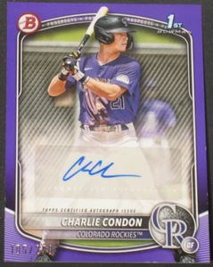 Charlie Condon 2025 Bowman Autografo Viola Rookie (105/250) Colore Montagne Rocciose Match - Foto 1 di 2
