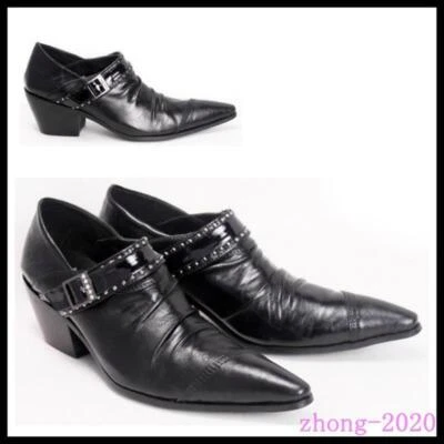 Mens Pointed Toe Buckle Slip on Formal Mid Cuban Heels Shoes Pleated Club Party - Image 1 of 4