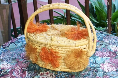 Vintage from 60's  Hand Woven Coiled Basket With Handle, Lid  AND FLOWERS Cover