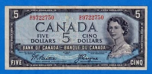 CANADA $5 1954 BC-31b / P-68b  QE II Circulated DEVIL'S FACE 👿  D/C 9722750 - Picture 1 of 3