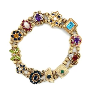 Robert Klein Multi Gem Slide Charm 40 Grams 14K Gold Bracelet KLJCI 12 Charms 8” - Picture 1 of 12