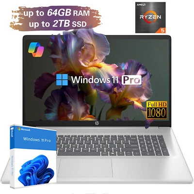 HP 17.3" Touch Laptop HD AMD Ryzen 5 7430U UP TO 64GB-2TB Windows 11 Pro PC - Image 1 of 4