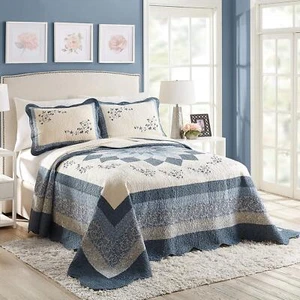 MODERN HEIRLOOM Blue Floral Embroidered Quilted Bedspread - Lightweight - Picture 1 of 5