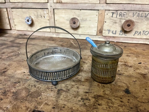 Vintage Early 1900s Silver Deposit on Nickel Silver Victorian Salt Cellar + Tray Cover