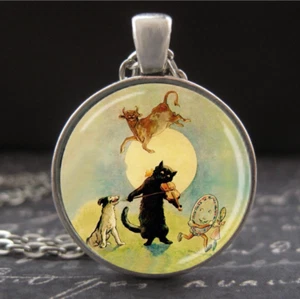 Silver Cow Jumped Over the Moon Necklace Hey Diddle Diddle Nursery Rhyme Jewelry - Picture 1 of 3