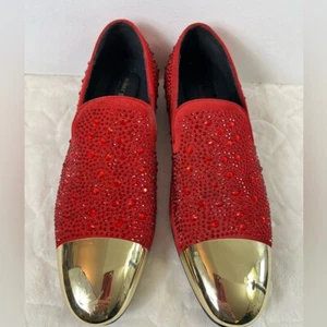 Asher Green Mens Red Crystal Covered Suede Gold Metal Cap-Toe Dress Shoes Sz 12 - Picture 1 of 16