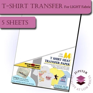 Papier transfert T-shirt pour tissu léger - A4 - 5 feuilles Pk - Pour imprimantes jet d'encre - Photo 1/3