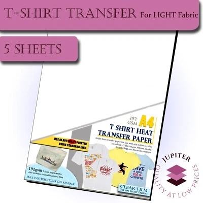 T shirt transfer paper for Light Fabric - A4 - 5 Sheet Pk - For INKJET printers - Image 1 of 3