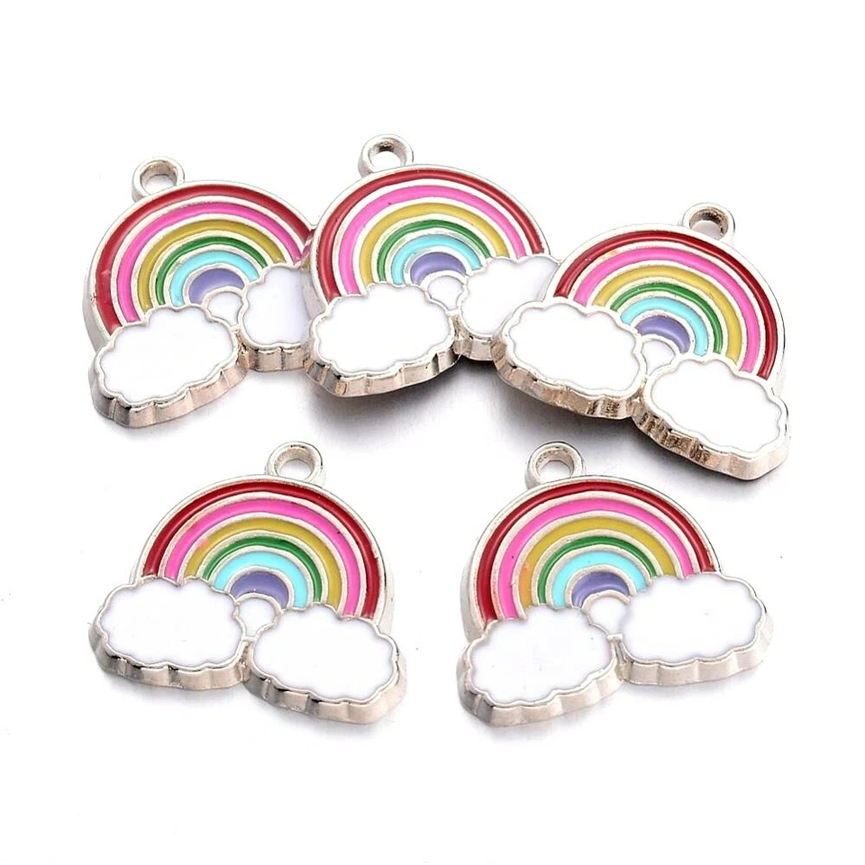 JULZ BEADS Over Rainbow Charms 10pcs Pendants Silver Tone Enamel 19mm x 20mm Cartoon