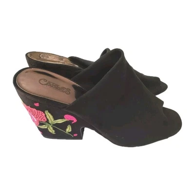 Zapatos sin cordones CARLOS SANTANA 10 bordados florales con cuña punta abierta negros Foto 1 de 4