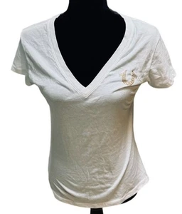 Camiseta para mujer True Religion Glitter Icon ajustada con cuello en V blanca 100 % algodón. Talla pequeña - Imagen 1 de 7