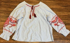 Crown &Ivy Bauernbluse Damen gestreift bestickt Boho Resort Petite XL - Bild 1 von 6