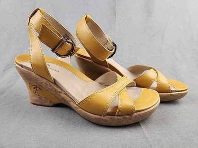 Sandalias de cuña Dromedaris de cuero amarillo talla 39 correa al tobillo tacones cómodos Portugal Foto 1 de 4