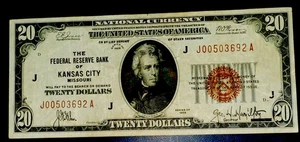 1929 20 Dollar Federal Reserve Bank Note / Bill KANSAS CITY MISSOURI “J” - Picture 1 of 2
