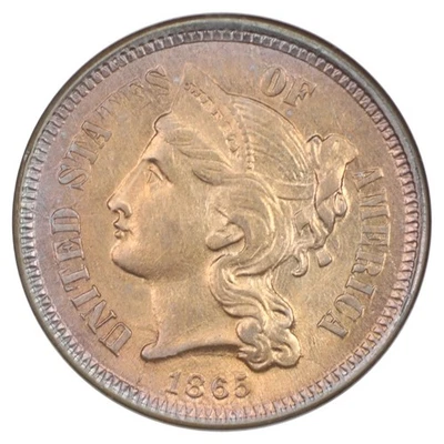 1865 THREE CENT 3CN NICKEL NGC AU58 Lovely Toning Nice Strike USA Collector Coin - Image 1 of 4