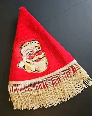 Falda de árbol de Navidad de fieltro vintage años 50 con vinilo Papá Noel, flecos 30"  Foto 1 de 4
