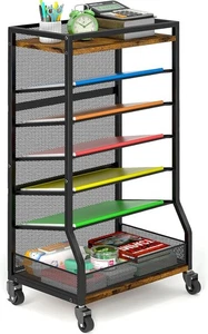 7 Tier Rolling File Cart with Sliding Trays, Wood Metal Organizer Brown - Foto 1 di 8