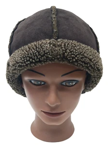 Sheepskin Bucket Fur Beanie Brown Leather Trapper Women's Hat - Picture 1 of 4