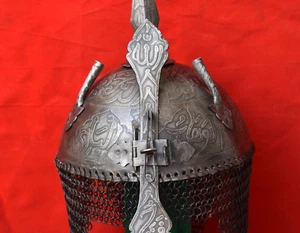 Vintage Decorative Mughal Islamic Iron Engraved Helmet Khula Khud Armor Chainmal - Picture 1 of 10