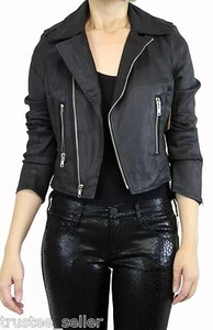 True Religion Womens Slim Biker Moto Faux Leather Zipper Jacket Black Coated - Picture 1 of 7