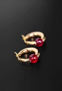 18K Gold Ruby Hoop Earrings | Bold Statement Earrings with Red Ruby Beads - Picture 1 of 10