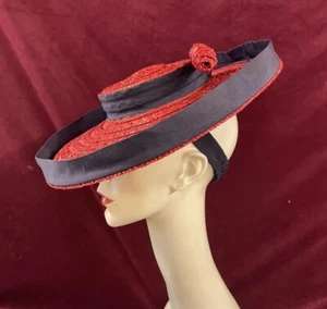 Vintage 40s Straw Hat Tilt Raffia Pin Betty Co Ed Red Navy Saucer 30s Antique - Picture 1 of 21