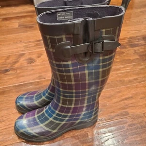 Botas de lluvia Capelli New York para mujer talla 8 verde/borgoña a cuadros planas RBT-3236 - Imagen 1 de 10