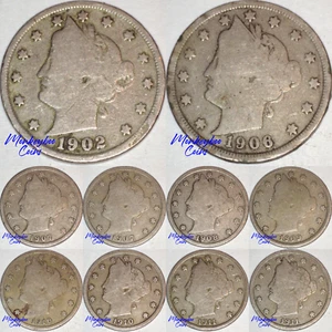 Liberty V Nickel 11 Münzen Lot - 1902, 1906-1912 2/ (07, 10, & 11) x2 - siehe Bilder - Bild 1 von 24