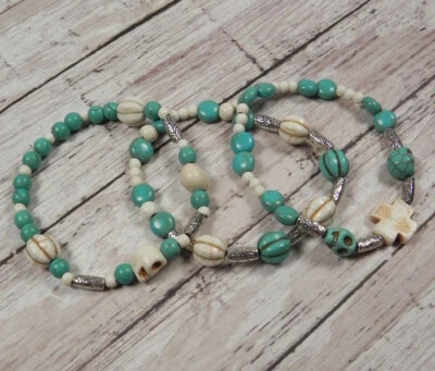 Howlite Skull Cross Beaded Handmade Boho 3 Bracelets White Turquoise 7" - Image 1 of 4