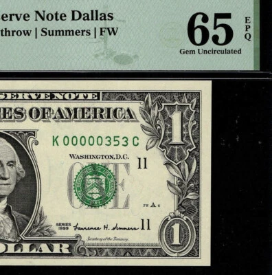 1999 $1 Federal Reserve Note Low 3 digit Serial Number Dallas K00000353C PMG 65 - Image 1 of 4