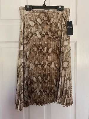 NOVA Saia Plisse Ralph Lauren: Marrom/Creme Estampa de Cobra Fecho com Zíper Comprimento do Joelho 8 - Imagem 1 de 4