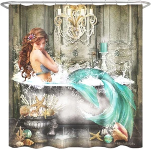 Fantasy Mermaid Print Polyester Cloth Bathtub Shower Curtain, Hooks Included, Ba - Picture 1 of 3
