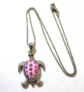 Sea Turtle Pendant Necklace Pink Enamel Rhinestone - Picture 1 of 4