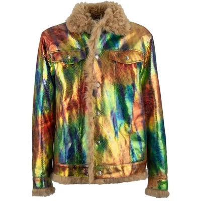 DSQUARED2 Metallic Goats Fur Leather Jacket Gold Red Blue It 50 M L - Image 1 of 4