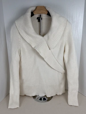 Suéter Grueso Cuello Capucha Volantes Talbots Algodón Tejido Crema Acogedor Para Mujer’s Petite L Foto 1 de 4