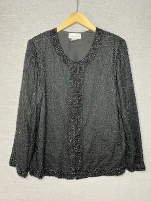 Chaqueta De Colección Lawrence Kazar XL Con Cuentas Negra Seda Cóctel Chaqueta Manga Larga Foto 1 de 4