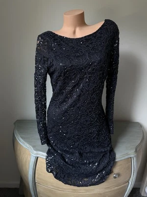 Marina Dress Sequined Lace Cocktail Wedding Party Sz 12 L Navy Evening - Image 1 of 4
