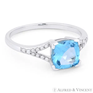 1.67ct Cushion Cut Blue Topaz & Diamond 14k White Gold Engagement / Promise Ring - Picture 1 of 1