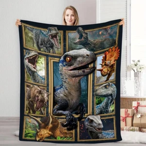 LARGE 40x60 Dinosaur World Flannel Blanket Realistic Raptor & Jurassic Design - Picture 1 of 9