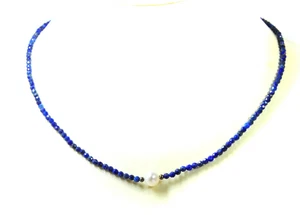Healing Stone Lapislazuli Chain 925 Silver Faceted Round With Freshwater Pearl - Picture 1 of 2