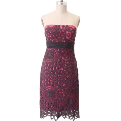 Anthropologie Floral Crochet Lace Pink Gray Strapless Pencil Dress XS Size 0 - Image 1 of 4