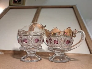 EAPG U.S. Glass Newport Bulls Eye & Daisy Gilded Ruby Stain Cream Sugar Set - Picture 1 of 6