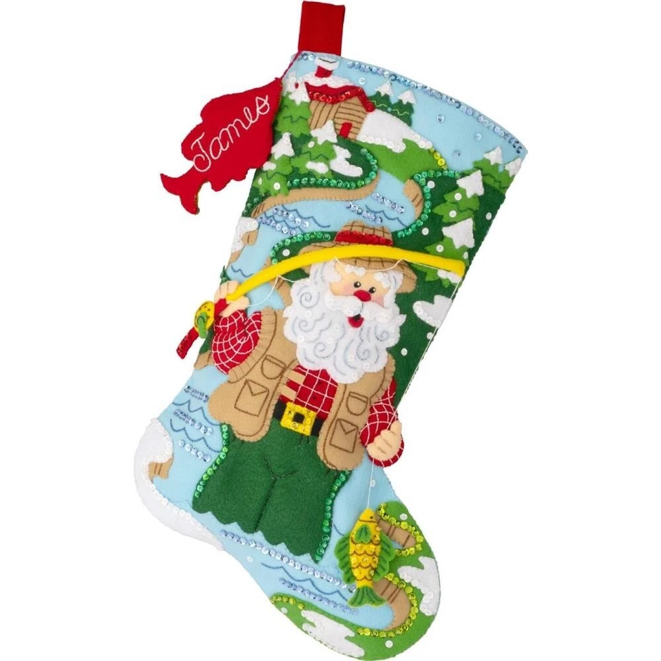 Bucilla Felt Stocking Applique Kit 18" Long Fly Fishing Santa 89724E