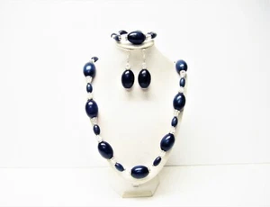 27” Chunky Dark Blue Wood w/Crystal Rhinestone Bead Necklace/Bracelet/Earrings - Picture 1 of 9