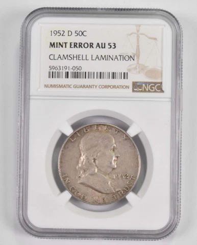 Mint Error AU53 1952-D Franklin Half Dollar - Clamshell Lamination - NGC *9834 Cover